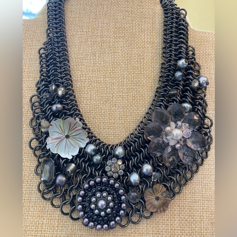 Gun Metal Mesh Bib Necklace‎ with Faux Pearls & Flowers Statement